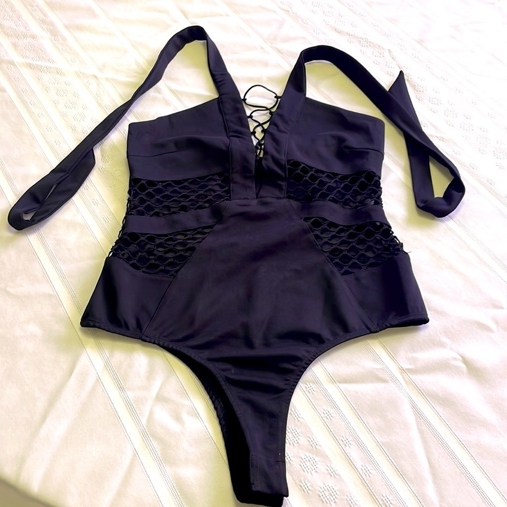 Essue black halter bodysuit with open mesh sides and mesh back